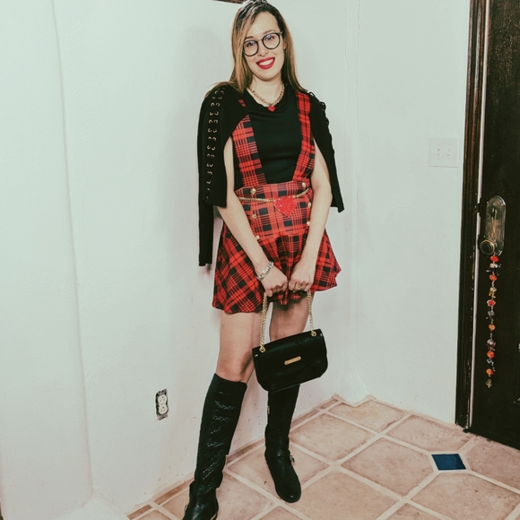 NWT Fall Preppy Red Plaid Suspender Skirt S:S-M - Picture 6 of 10